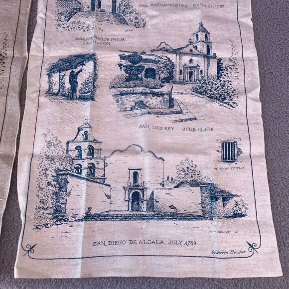 2 Vtg Kay Dee HandPrints California Missions 100% Pure Linen Kitchen Tea Towels - Picture 7 of 16
